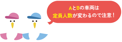 AとBの車両は定員人数が変わるので注意！