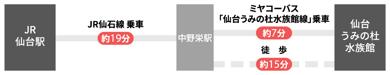 JR仙台駅からJR仙石線に乗車して約19分、中野栄駅で下車し、ミヤコーバス「仙台うみの杜水族館線」乗車して約7分または徒歩約15分